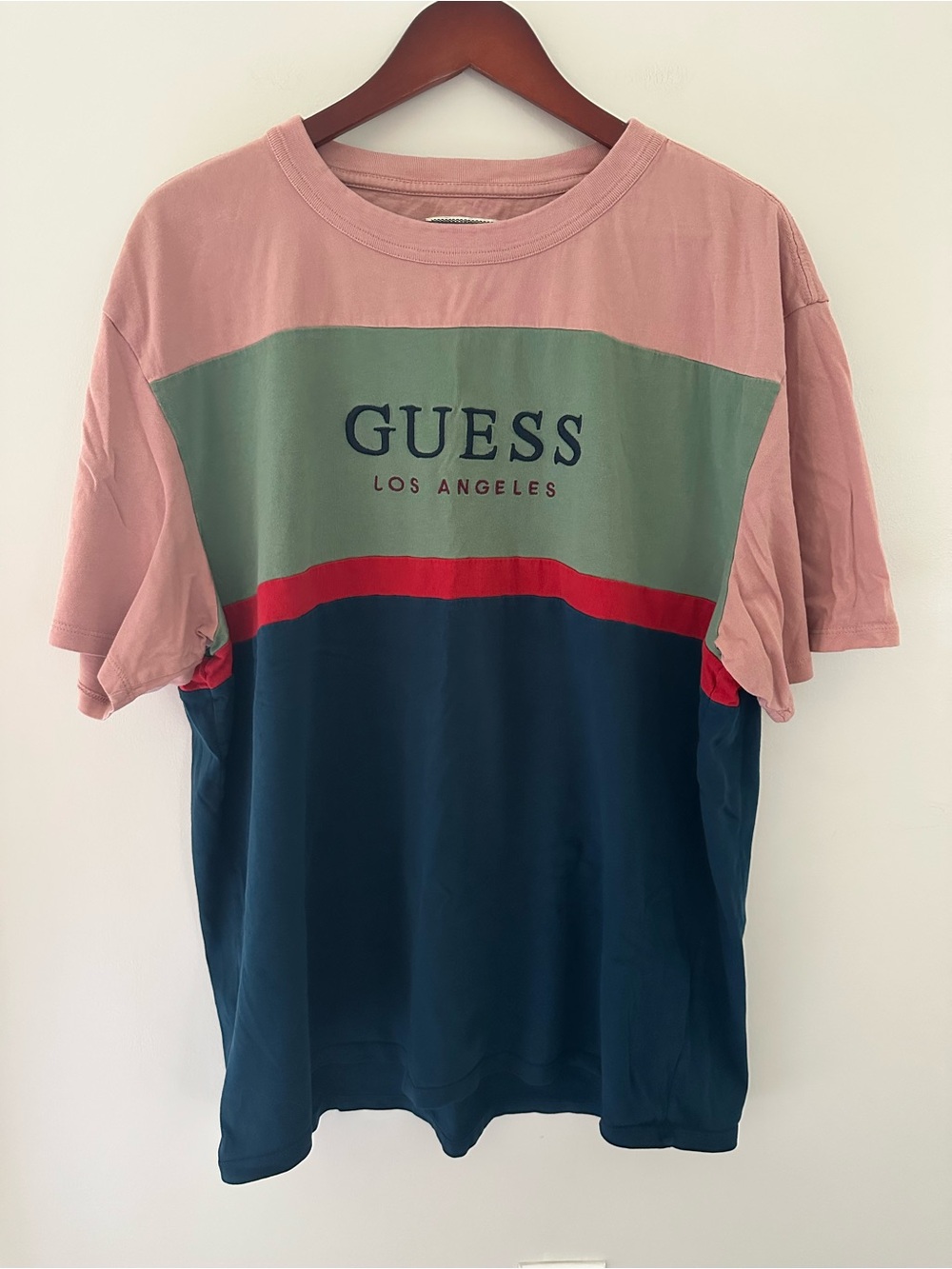 Guess Colorblock Short Sleeve Tee in Pink, Sage, Navy with Red Stripe